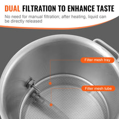 Stainless steel brew kettle with tri-ply bottom and built-in thermometer for home brewing.