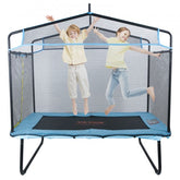 6FT kids trampoline with safety net enclosure and gymnastics bar, showing two children jumping inside.