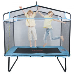 6FT kids trampoline with safety net enclosure and gymnastics bar, showing two children jumping inside.