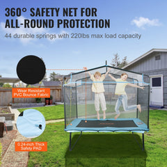 6FT kids trampoline with safety net enclosure, gymnastics bar, and two children jumping on the mat.