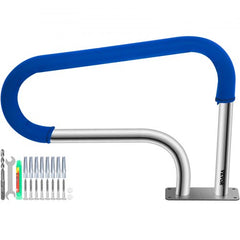 32-inch stainless steel pool handrail with a 375lbs capacity and detachable blue grip cover.