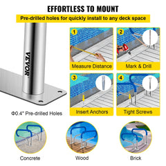 32-inch stainless steel pool handrail with a blue grip cover and ergonomic design for safety.