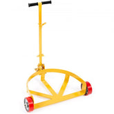 Yellow steel drum dolly with handle for 55-gallon drums and red wheels.