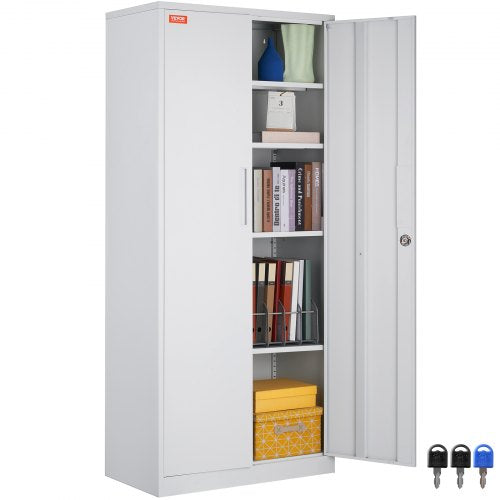 White 71-inch steel locking storage cabinet with four adjustable shelves and magnetic doors.