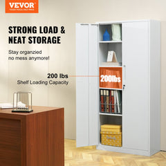White 71" steel locking storage cabinet with four adjustable shelves and two magnetic doors.