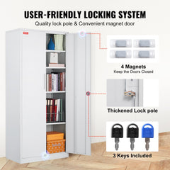 White 71-inch steel locking storage cabinet with four adjustable shelves and two magnetic doors.