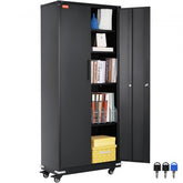 Black 75-inch metal storage cabinet with wheels, locking doors, adjustable shelves, and keys.