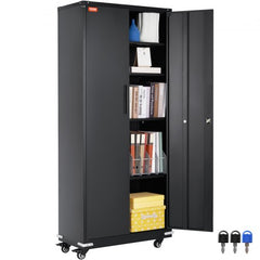 Black 75-inch metal storage cabinet with wheels, locking doors, adjustable shelves, and keys.