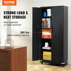 Black 75-inch metal storage cabinet with wheels, open doors showing adjustable shelves and lock.