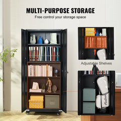 Black 75-inch metal storage cabinet with locking doors, adjustable shelves, and wheels.