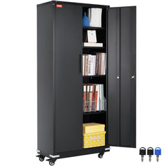 A black metal storage cabinet with wheels, open to reveal shelves with books and a box, with three keys shown.