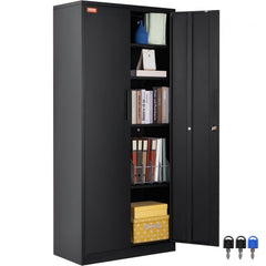 A black steel locking storage cabinet with four adjustable shelves, one door open revealing contents.