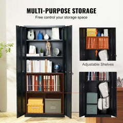 Black steel locking storage cabinet, 71 inches tall with 4 adjustable shelves.