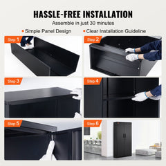 Infographic showing hassle-free assembly steps for a black steel storage cabinet in under 30 minutes.