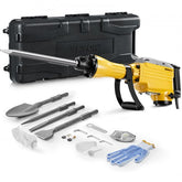 Bostome 2200W electric demolition jack hammer in yellow with black case and four chisel bits.