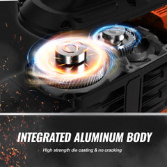 A close-up shows the internal gears of a demolition hammer with glowing energy.