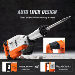 Bostome 3500W electric demolition jack hammer with 60J impact, two chisels, auto lock design, and upgrade version features.