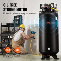 Bostome 80-gallon oil-free air compressor with 6.5HP motor, black tank, and worker using it.