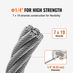 Galvanized carbon steel wire rope with 1/4" diameter and 250 ft length, featuring 7x19 strands.