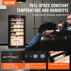 Electric cigar humidor with Spanish cedar shelves, humidity and temperature controls, and glass door.