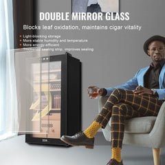 Black electric cigar humidor with double glass door, Spanish cedar shelves, and humidity controls.