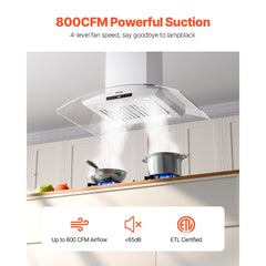 36-inch stainless steel wall mount range hood with 800 CFM suction, gesture control, and LED lights installed above a kitchen stove.
