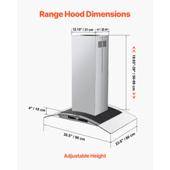 Stainless steel wall mount range hood with adjustable height and detailed dimensions shown.