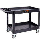 Black 2-shelf heavy duty utility cart with swivel wheels and ergonomic handle.
