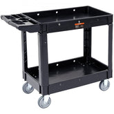 Heavy duty plastic utility cart with two shelves and lockable swivel wheels for easy transport.