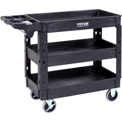 Black 3-shelf heavy-duty plastic utility cart with handle and casters.