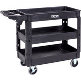 Black 3-shelf heavy-duty plastic utility cart with handle and casters.