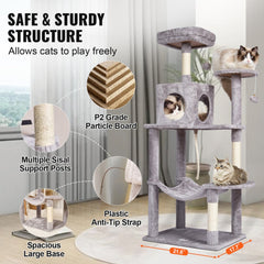 Light grey cat tree tower with multi-level platforms, scratching posts, and a cozy condo.