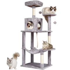 Light grey cat tree tower with multiple platforms, scratching posts, and a cozy condo.