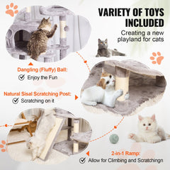 68.5-inch cat tree tower with multi-level platforms, sisal scratching posts, condos, and ramps for indoor play.