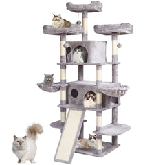 A 68.5-inch gray cat tree tower with multiple platforms, condos, scratching posts, and several cats playing on it.