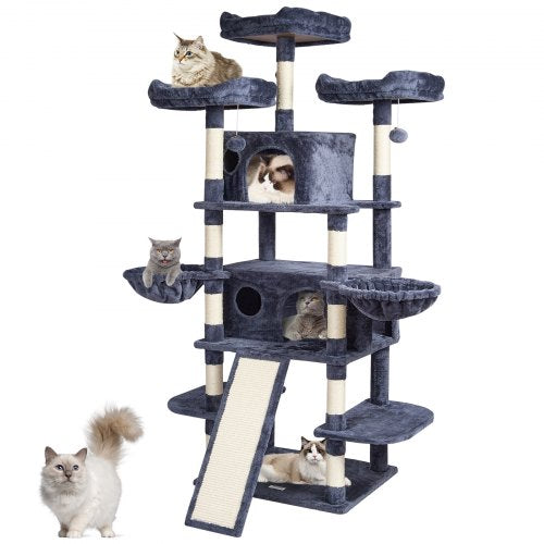 Multi-level dark grey cat tree tower with condos, perches, and hammocks for indoor cats.