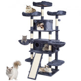 Multi-level dark grey cat tree tower with condos, perches, and hammocks for indoor cats.
