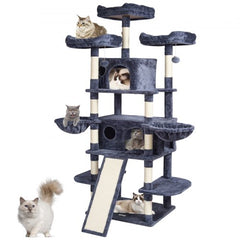 Multi-level dark grey cat tree tower with condos, perches, and hammocks for indoor cats.