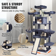 Multi-level dark grey cat tree tower with condos, perches, hammocks, and scratching posts.