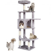 Light grey cat tree tower with multi-level platforms, condo, and sisal scratching post.
