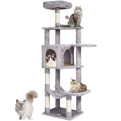 Light grey cat tree tower with multi-level platforms, condo, and sisal scratching post.