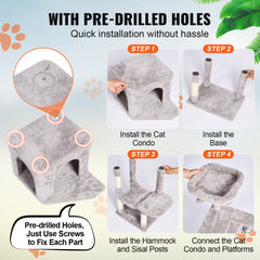 Light grey cat tree tower with multi-level platforms, condo, and sisal scratching post.