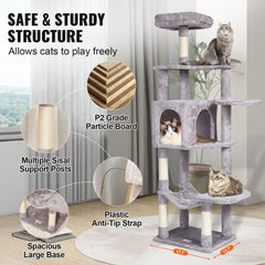 Light grey cat tree tower with multi-level platforms, condo, and sisal scratching post.