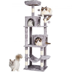 Light grey 63" cat tree tower with two condos, sisal posts, and multi-level platforms.