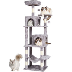 Light grey 63" cat tree tower with 2 condos, sisal posts, and multiple platforms for play.