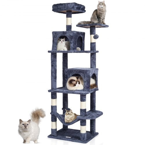 Light grey cat tree tower with two condos, sisal scratching post, and multiple platforms.