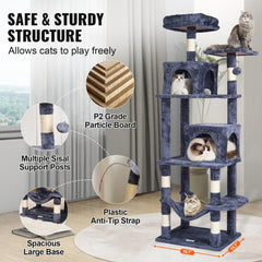 Light grey cat tree tower with two condos, sisal scratching post, and multi-level platforms.