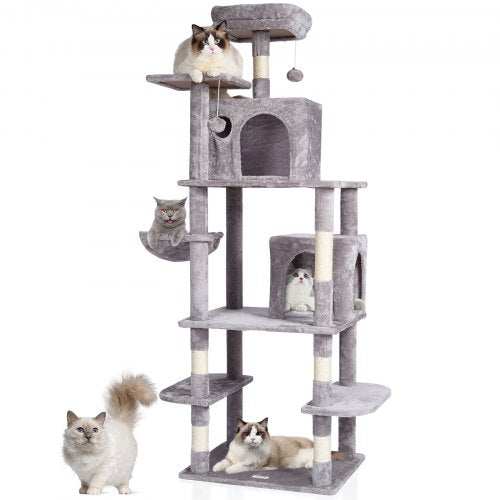Light grey cat tree tower with two condos, sisal scratching post, and multi-level platforms.