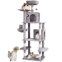 Light grey cat tree tower with two condos, sisal scratching post, and multi-level platforms.