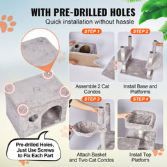 Light grey cat tree tower with two condos, multi-level platforms, and sisal scratching post.